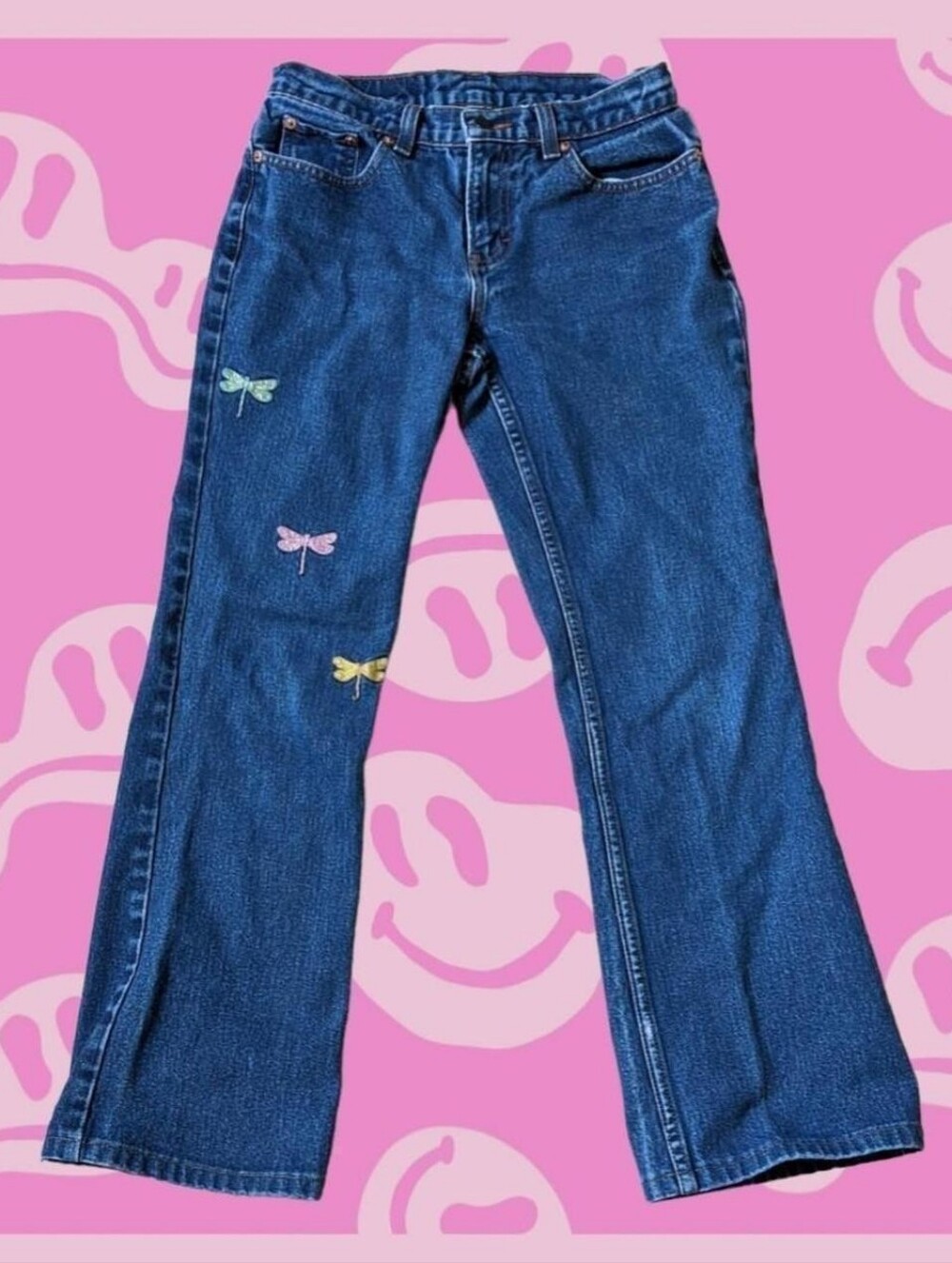 Y2K Jordache dragonfly applique flare jeans - mid wash - Size 5/6 long